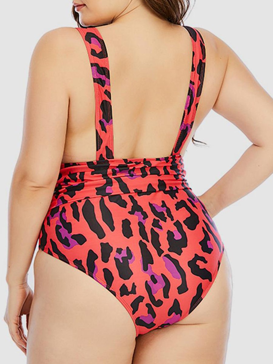 Boho V Neck Leopard Print Red One-piece Swimsuit
