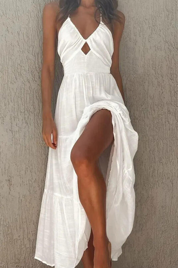 Solid Color V-Neck Swing Irregular Swing Maxi Dress
