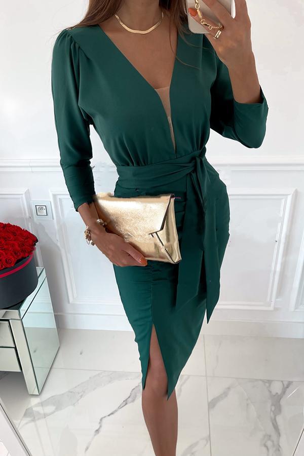 Balcony Nights V- Neck Ruched Slit Party Dress