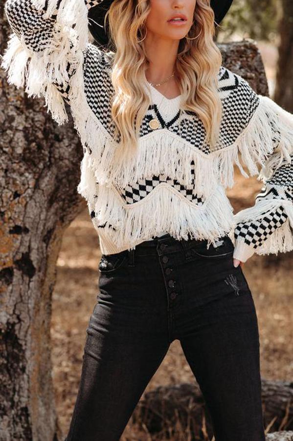 Fringed V-neck Sweater