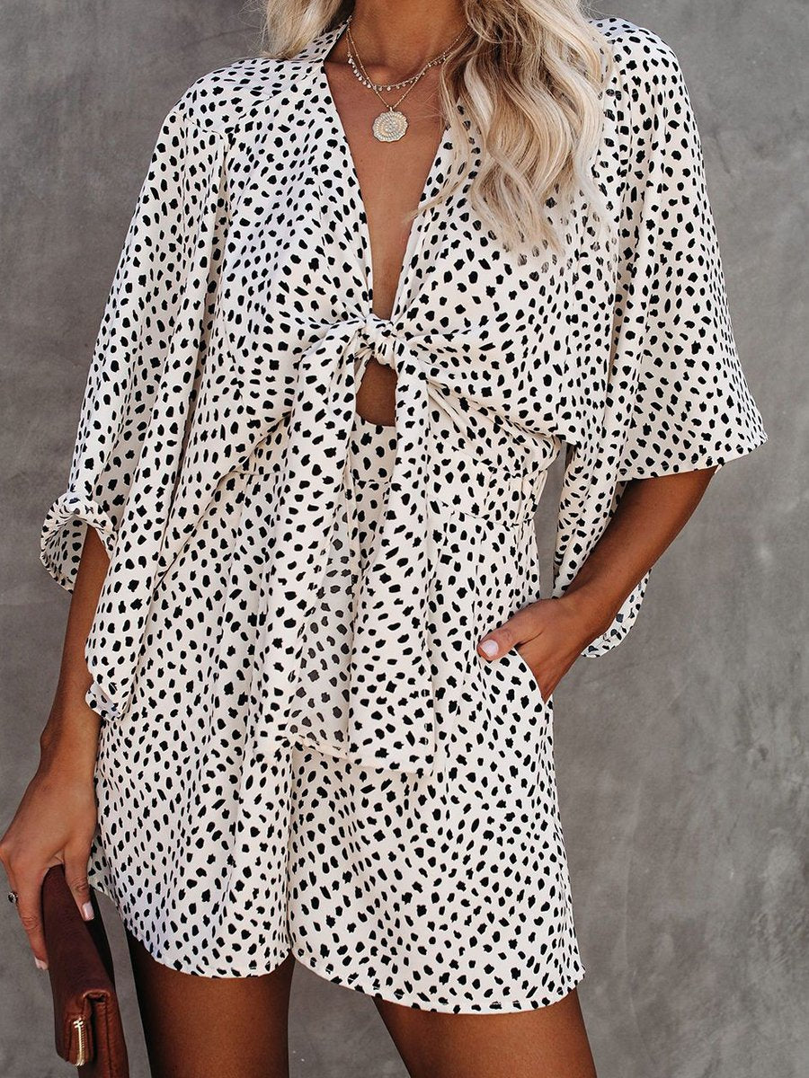 V-neck Leopard Print Batwing Sleeve Knotted Romper