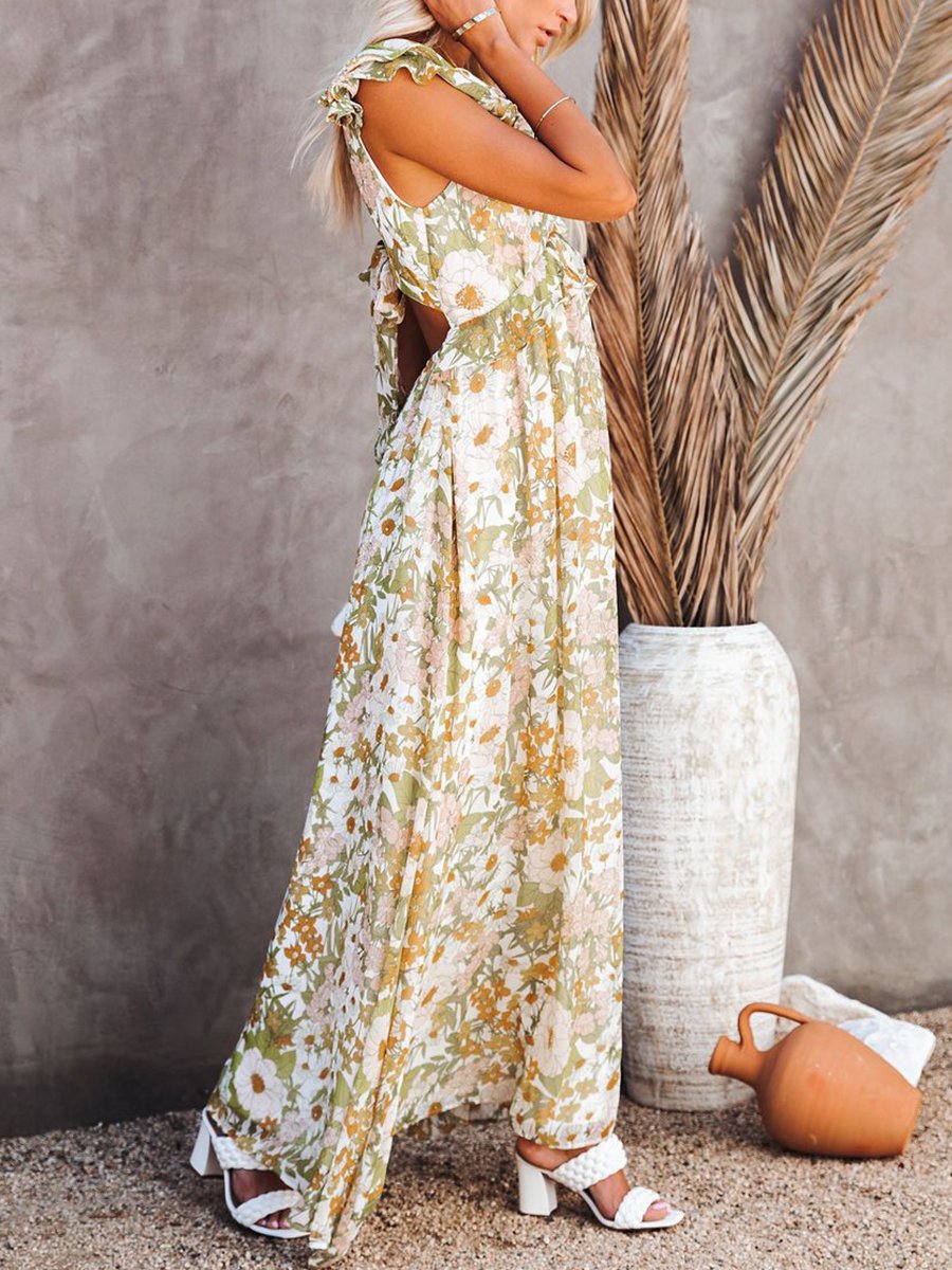 Fashion Ruffled High Waist Floral Print Maxi Dress
