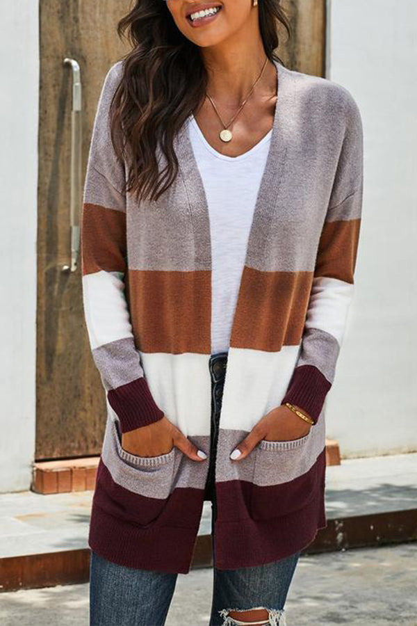 Open Front Colorblock Cardigan with Pockets