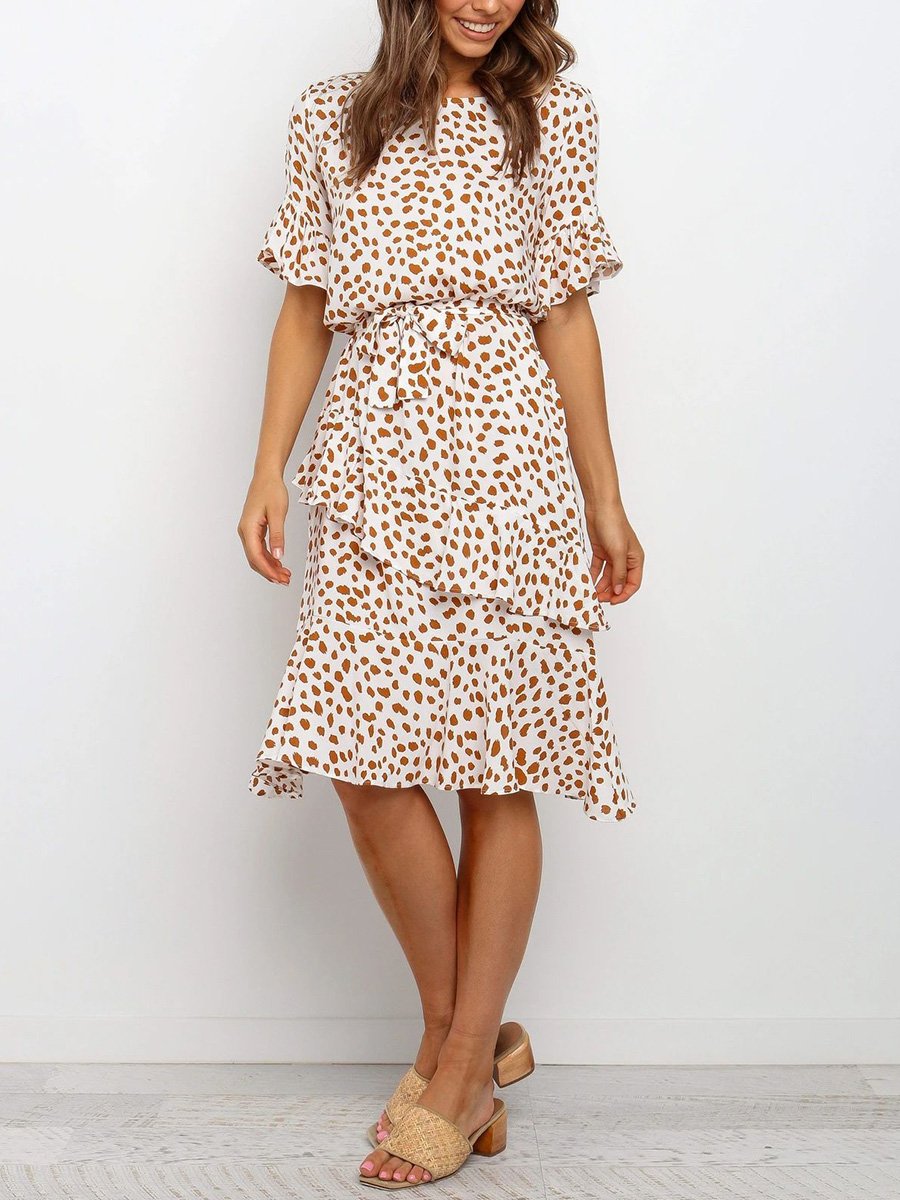 Ruffled Leopard Print Coffee Midi Dress