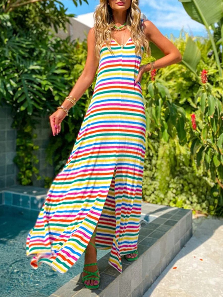 Fashion Casual Striped Split Joint V Neck A Line Dresses