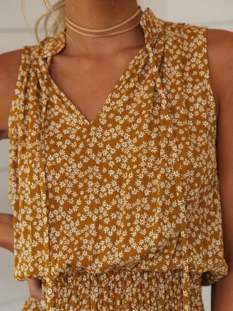 V-neck sleeveless print tie mini dress