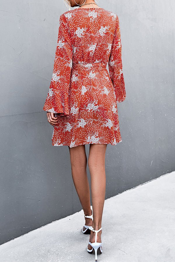 V-Neck Cross Flare Sleeves Printed Lace-Up Mini Dress