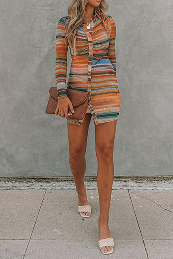 Button Down Ruched Front Stripes Bodycon Dress