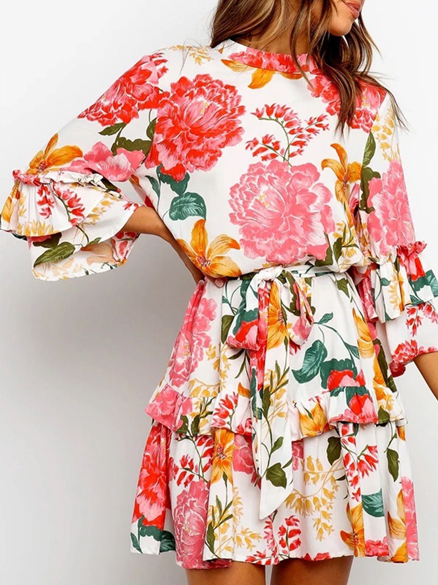 Floral Print Round Collar Pleated Dress