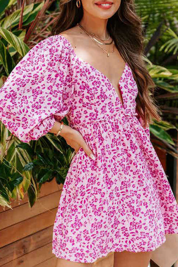 Printed Backless Half-Sleeve V-Neck Mini Dress