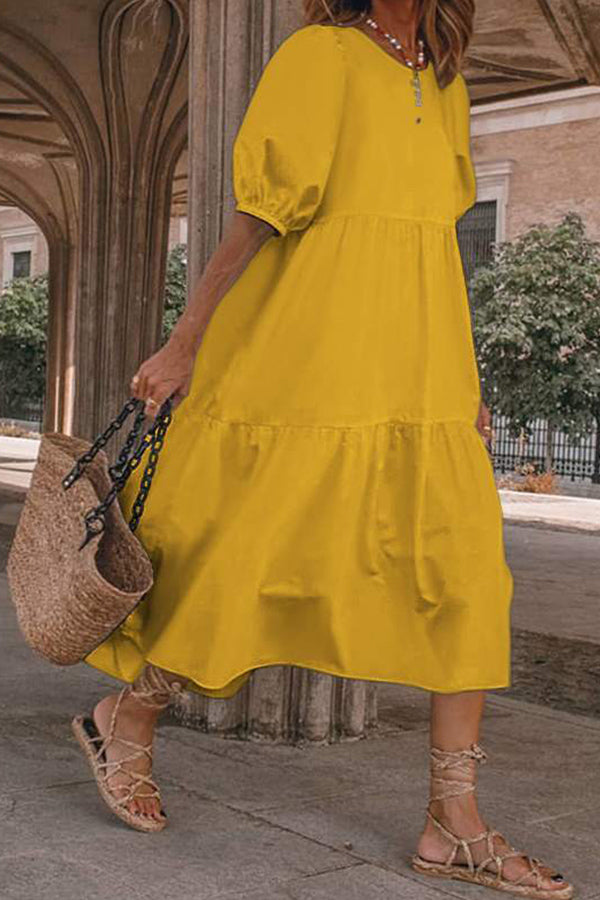 Vacation Puff Sleeve Solid Color Dress