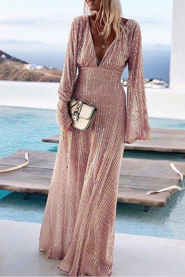 V-neck Flared Sleeve High Waist Elegant Sequined Maxi Dress