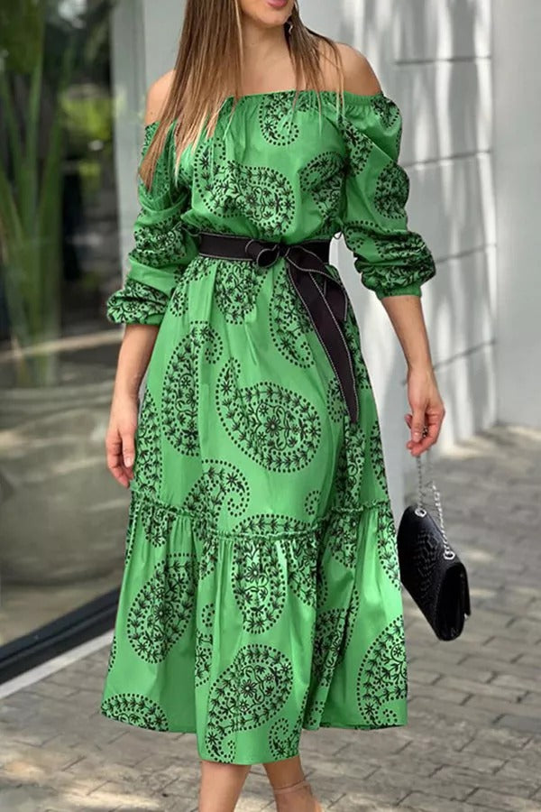 Dynamic Love Printed Off The Shoulder Midi Dress
