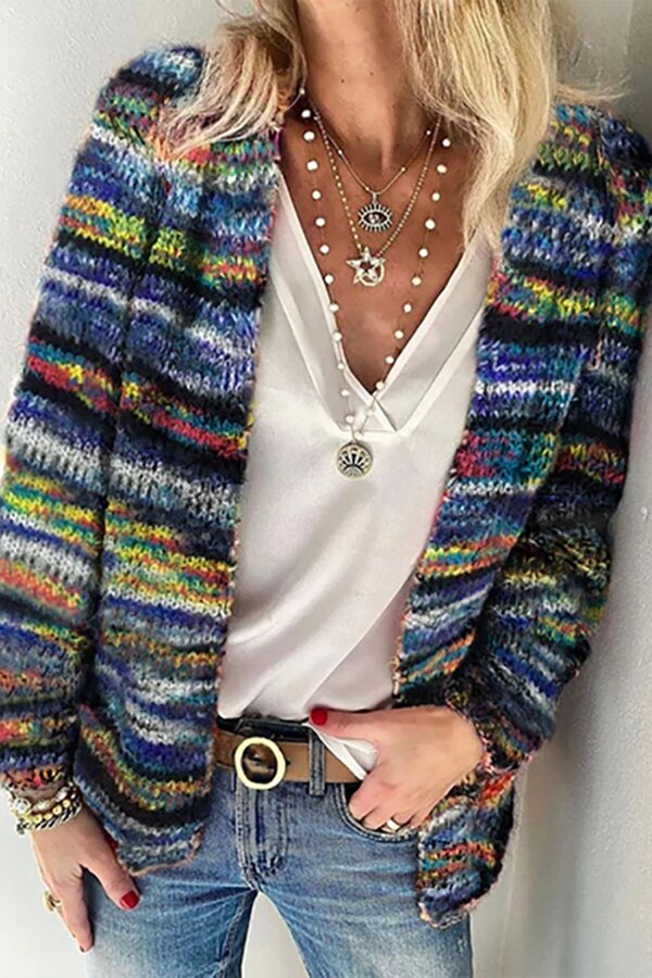 Casual Colorblock Striped Pockets Cardigan