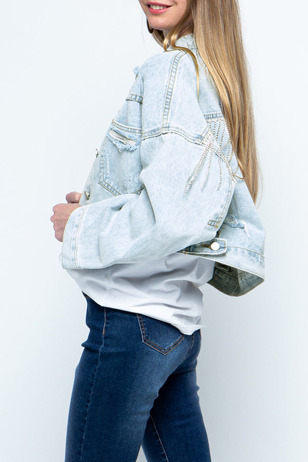 Ripped Rhinestone Fringed Denim Jacket