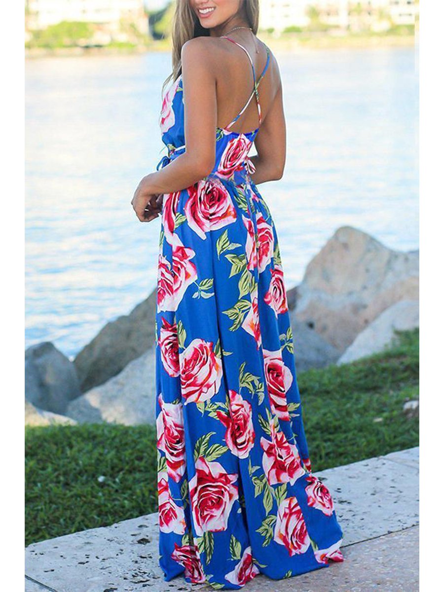 Beach Sling Leak Back Flower Print Maxi Dress