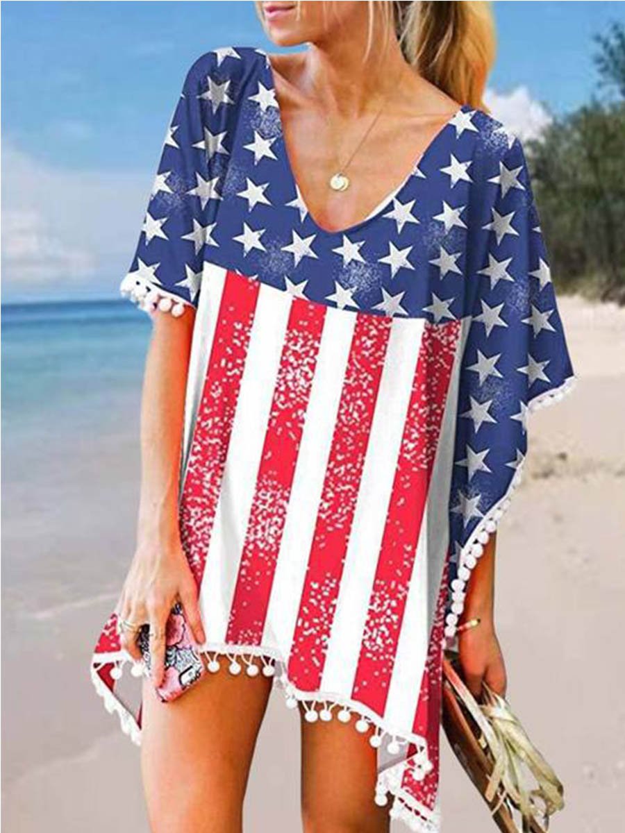 Dress Flag V Neck Shift Fringe Short Sleeve Vacation Casual Beach Mini Dress
