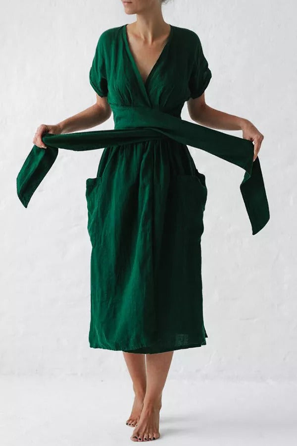 Forever Yours Belt High Waist Cotton- Linen Dress