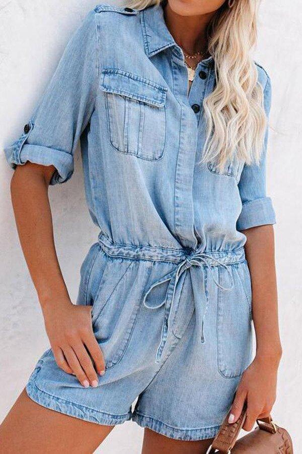 Loose Denim Long-sleeved Romper