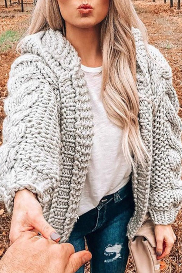 Solid Color Knitted Cardigan Hooded Jacket