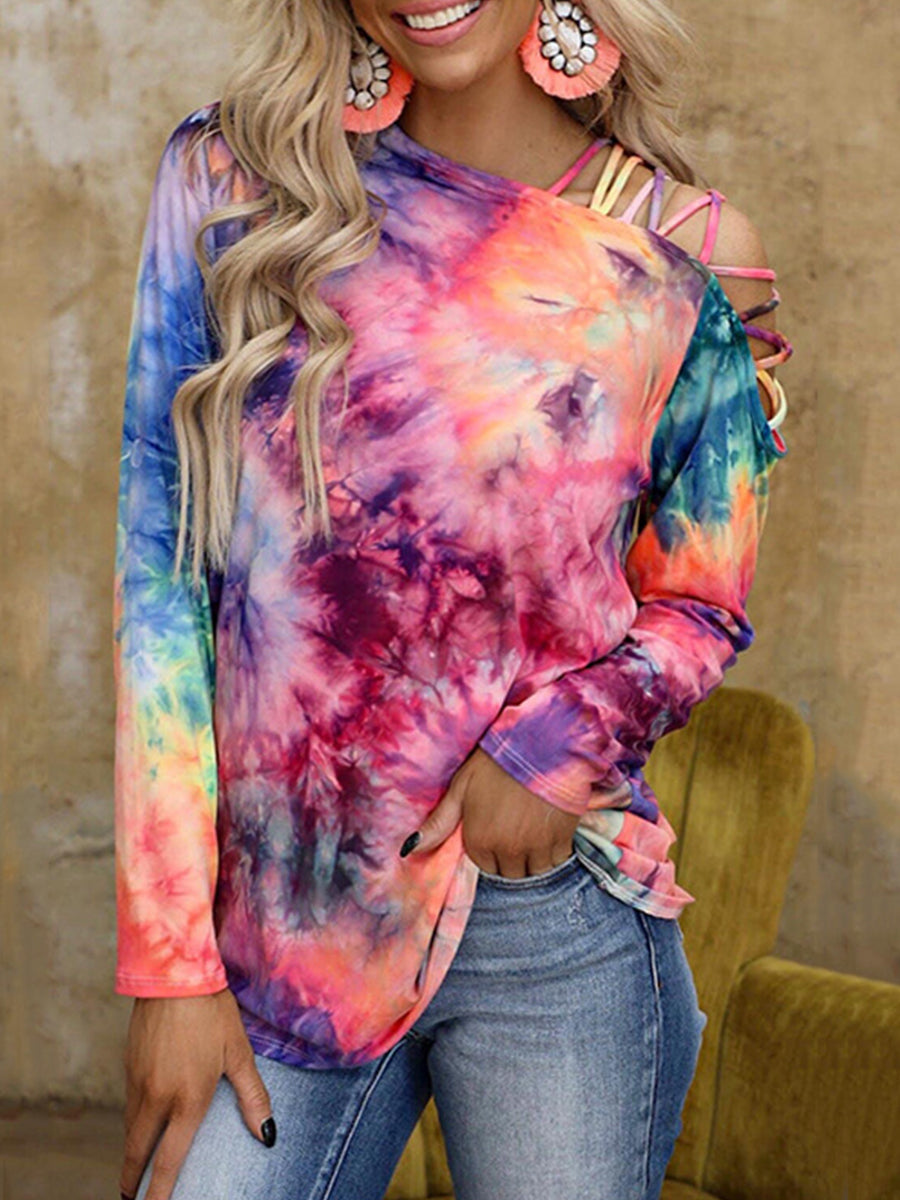 Tie-dye Long Sleeve Off-the-shoulder Loose T-shirt