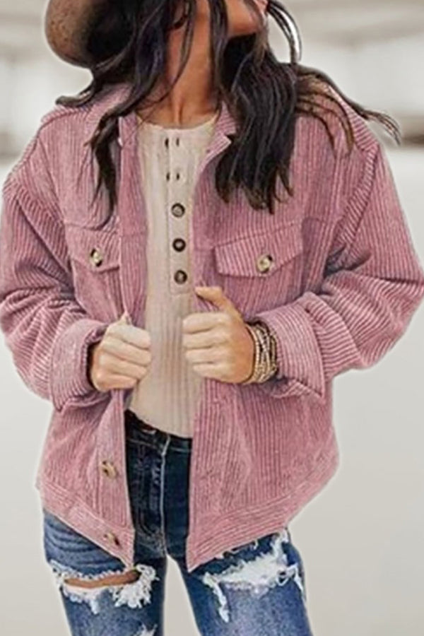 Pocket Button Design Long Sleeve Corduroy Shacket