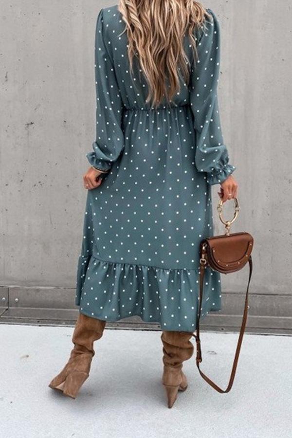 V-Neck Long Sleeve Polka Dot Slit Calf-Length Dress