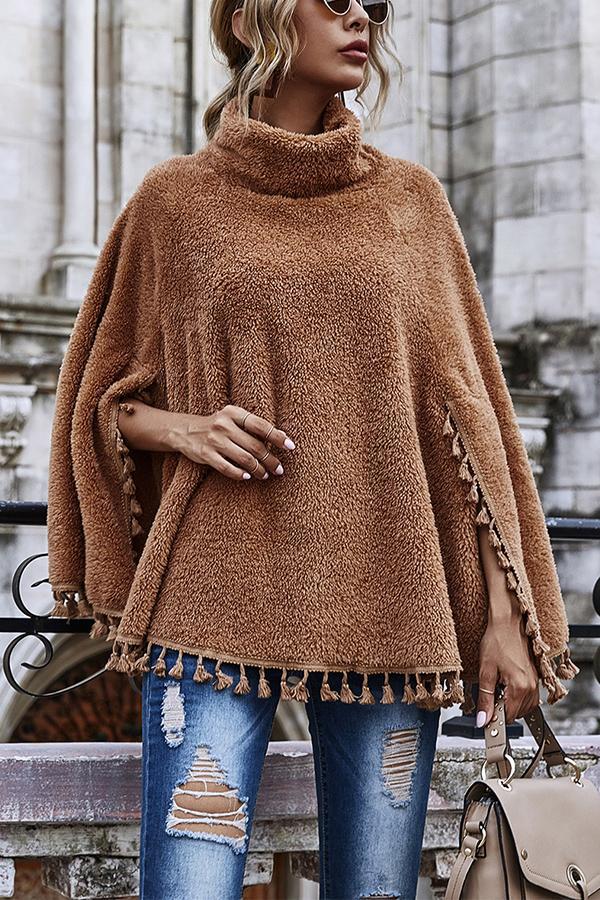 Solid Color High-neck and Fringed Hem Cape Long-sleeved Jacket