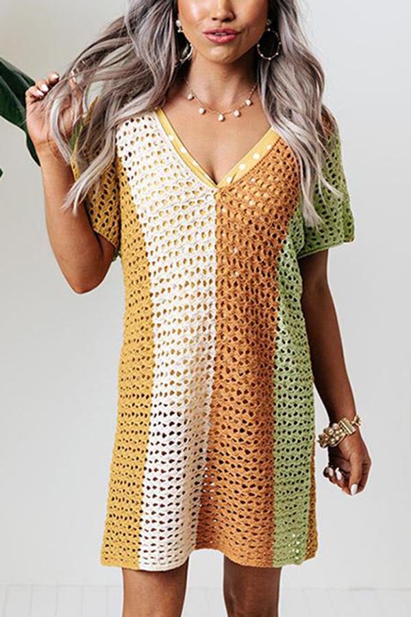 Ocean Whimsy Colorblock Crochet Cover Up Dress