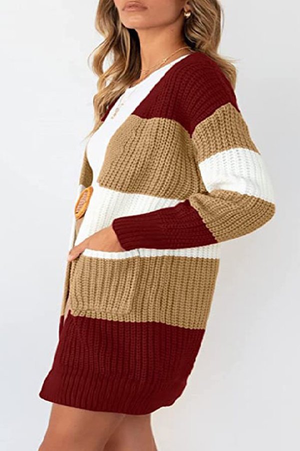 Loose Pocket Color Block Knitted Cardigan