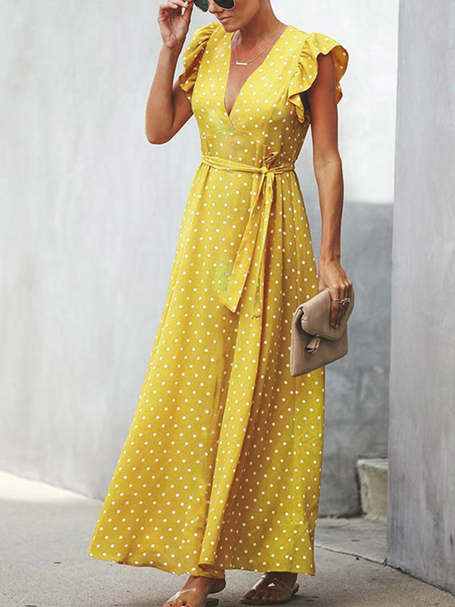 V-neck Ruffle Sleeve Wrap Maxi Dress