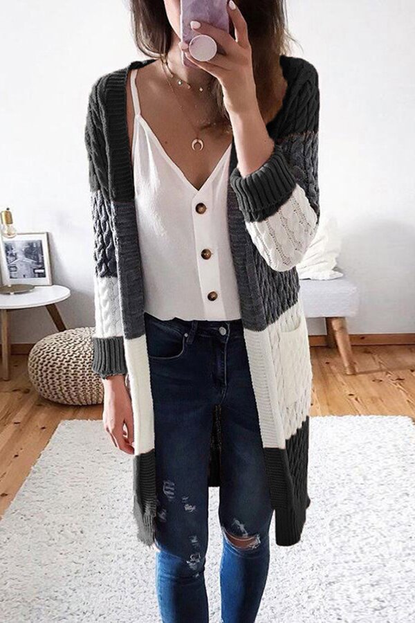 Simple Pocket Stitching Contrast Twist Sweater Cardigan