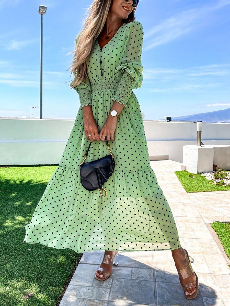 V-neck Polka Dot Print Smocked Maxi Dress