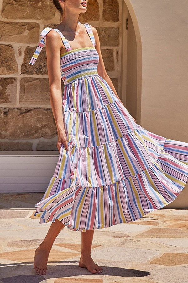 Fake Suspender Lace-up Printed Long Dress
