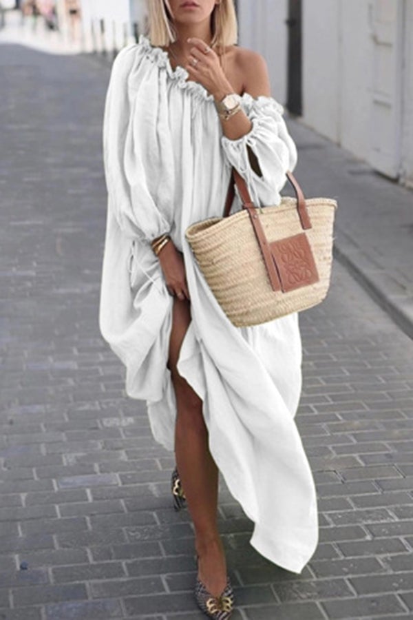 Solid Color Slanted Shoulder Off-the-shoulder Loose Dress