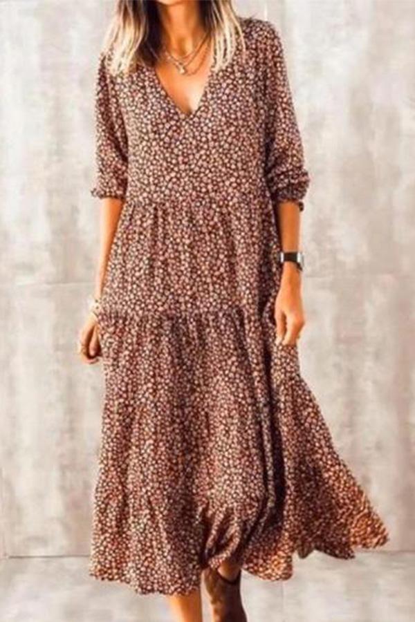 Boho Print V-Neck Loose-Fit Calf-Legnth Dress