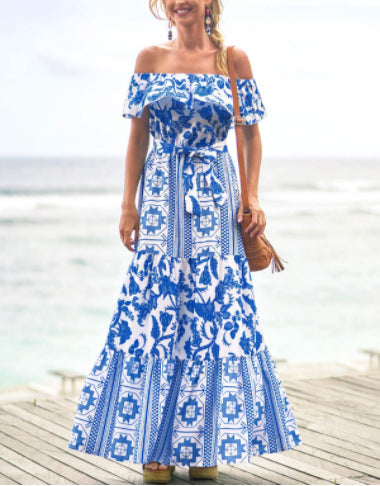 Summer Herringbone Neck High Waist Print Dress