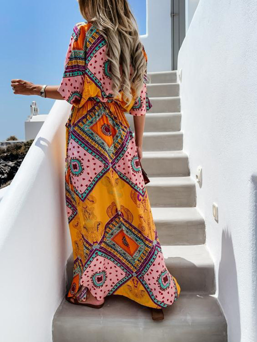 Bohemian Print V-neck Maxi Dress