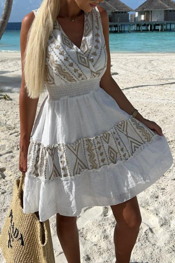 Fashion V-neck Sleeveless Embroidered Print Dress