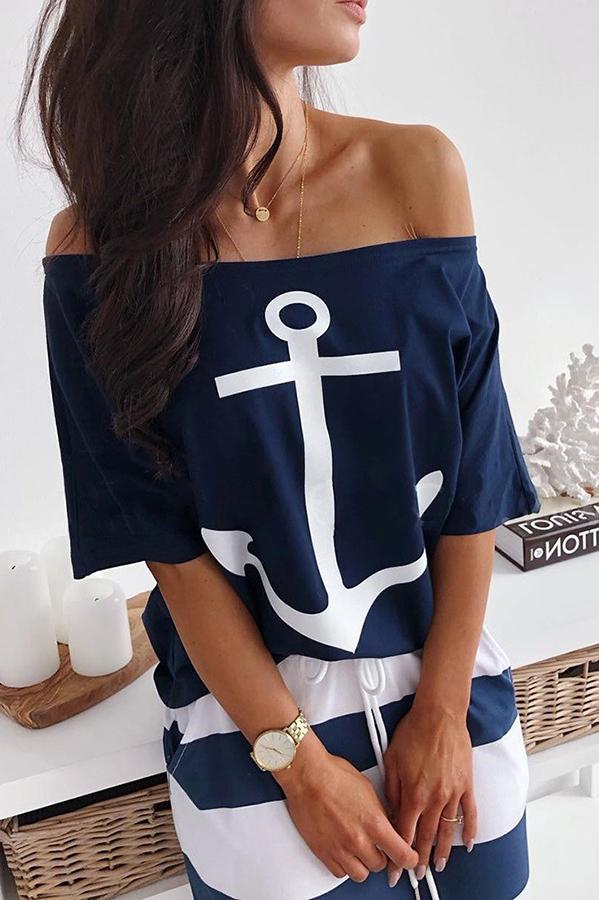 Boat Anchor Print T-Shirt  Striped Skirt Set