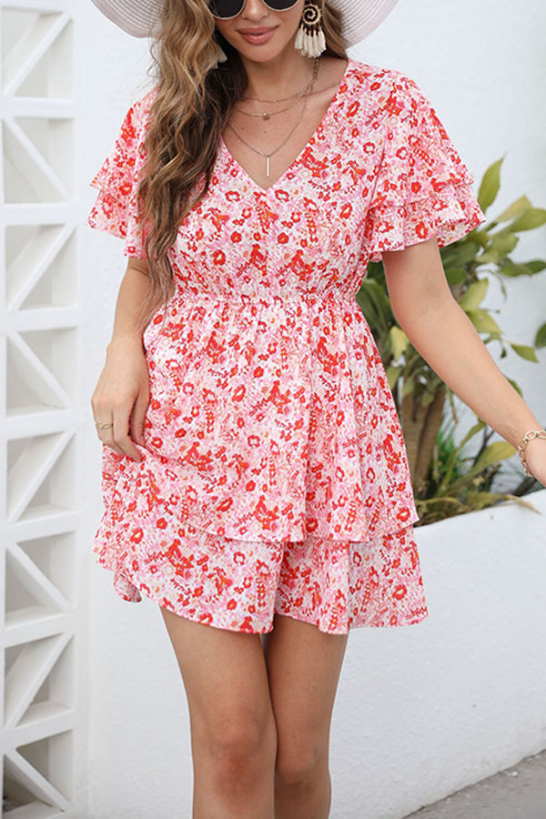 Small Floral V-neck Short Sleeve Dress Slim Skirt