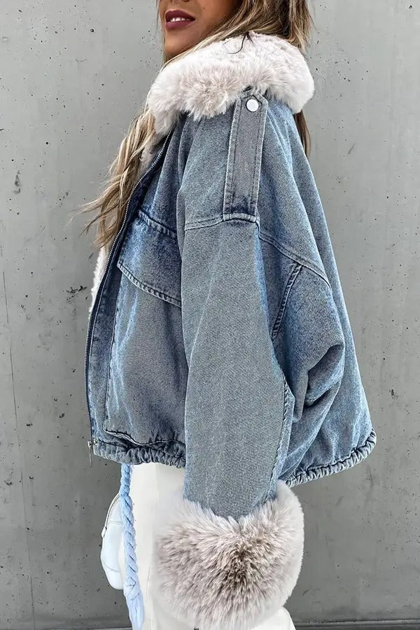 Thickened Warm Denim Coat With Large Fur Collar