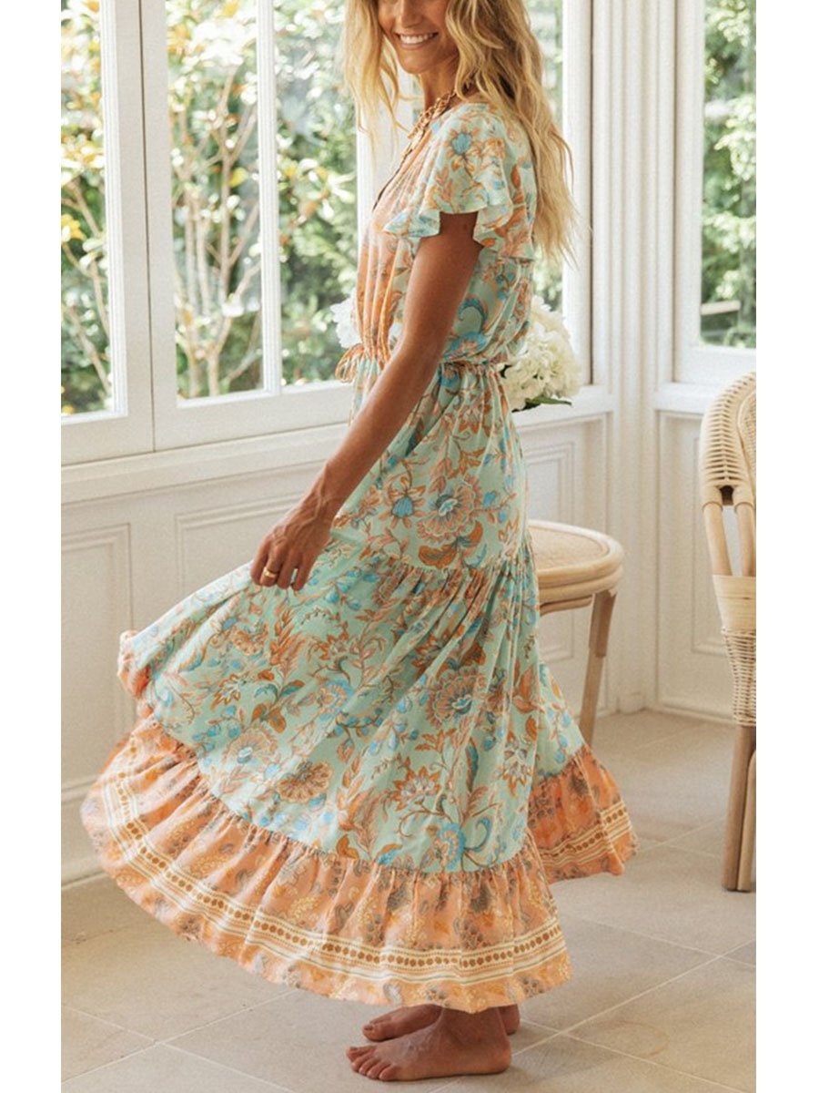 Women's Maxi Dresses Floral Short Sleeve A-line V Neck Button Belt Boho Daily Maxi Dress