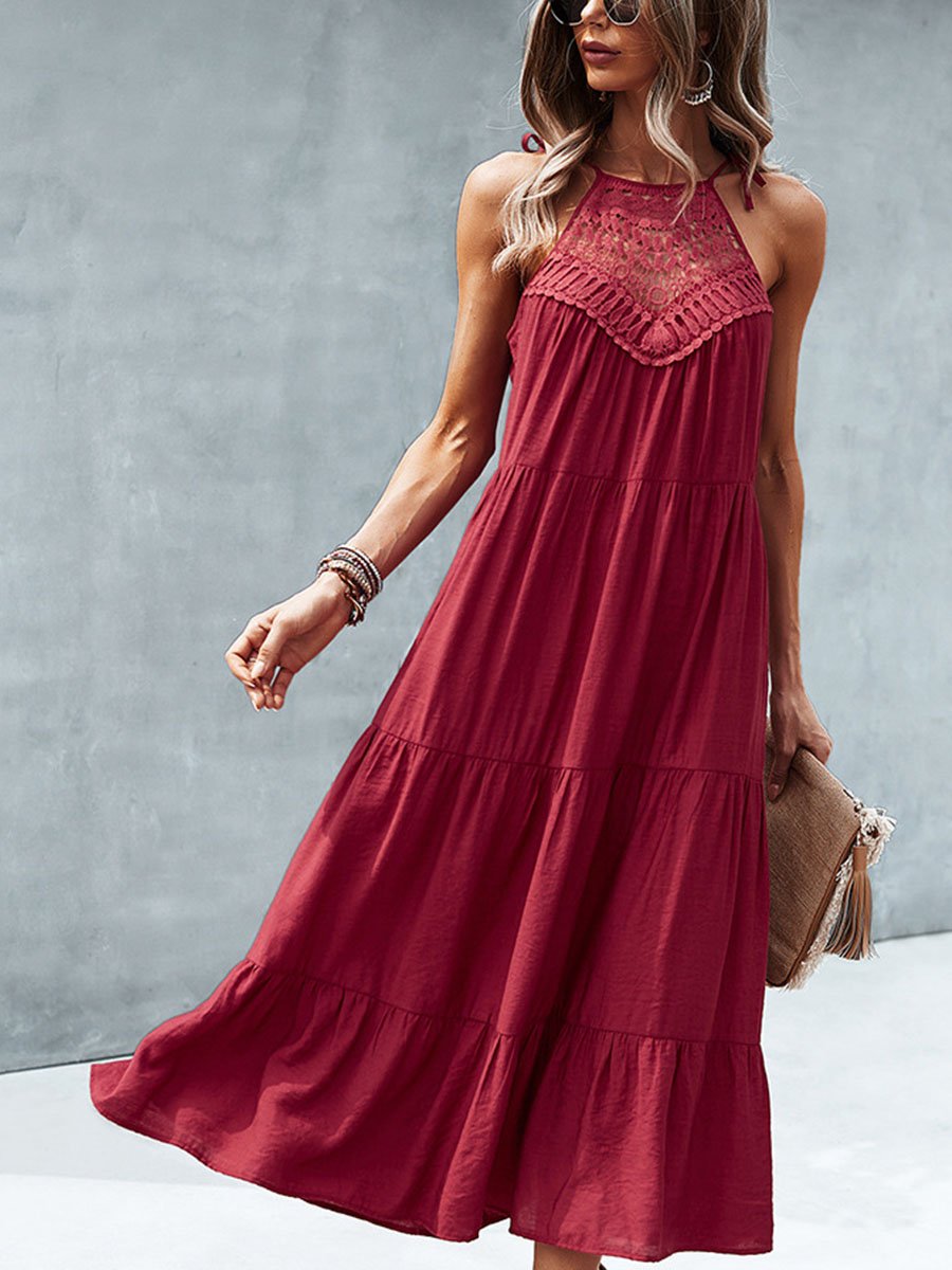 Halter Neck Hollow-out Lace Stiching Midi Dress