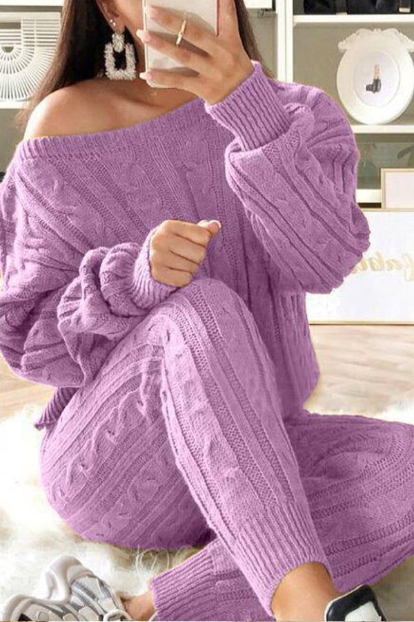 Twist Pattern Solid Color Casual Knitted Two-Piece Suit