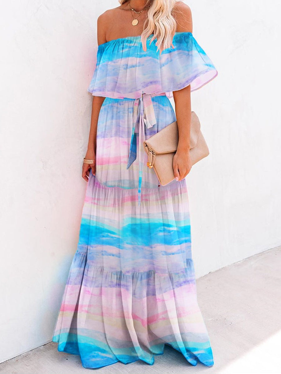 Print Off Shoulder Layered Ruffles Maxi Women Dress