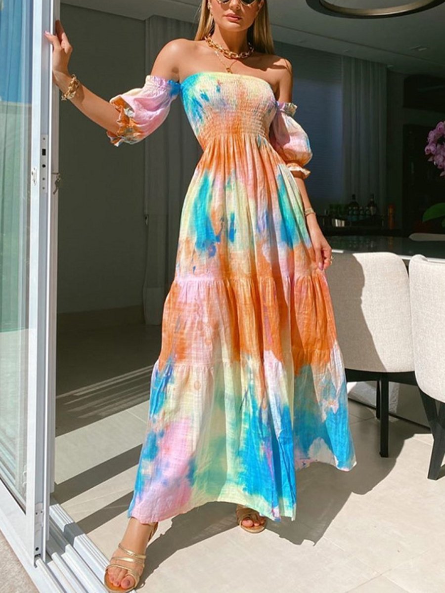 Sweet Tie Dye Off Shoulder Puff Sleeve Maxi Dress