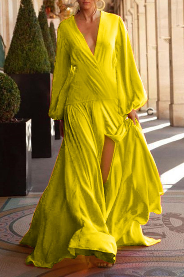 Solid Color Deep V-neck Puff Sleeve Long Dress