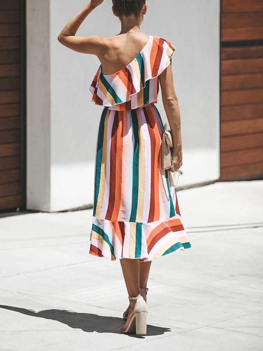 Boho Rainbow Color One-shoulder Dress
