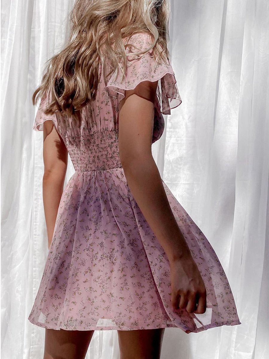 Plunge V-neck Smocked Print Mini Dress
